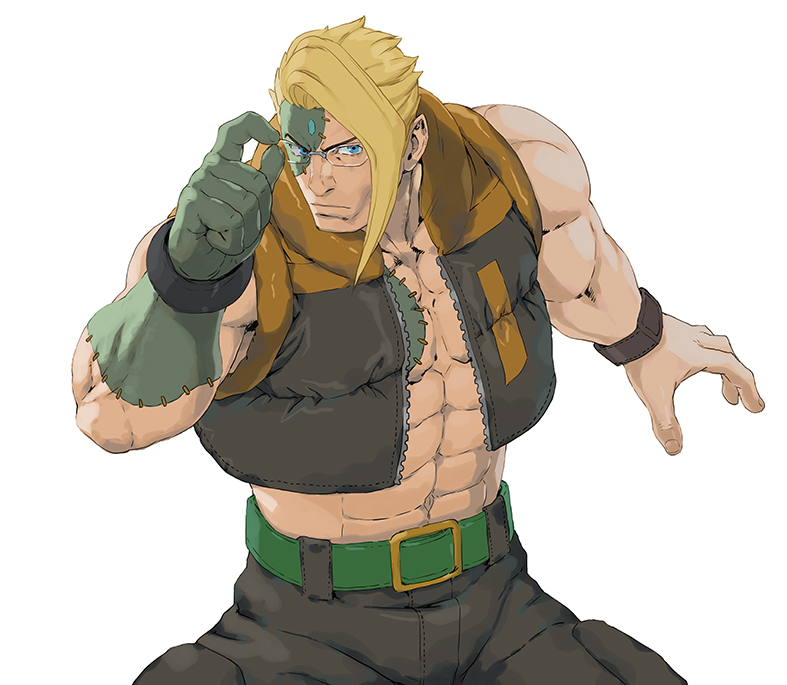 bad_proportions belt black_pants blonde_hair blue_eyes charlie_nash glasses jacket long_hair looking_at_viewer midriff muscle nt_(gun-ash) open_clothes open_jacket pants standing stitches street_fighter street_fighter_v wristband