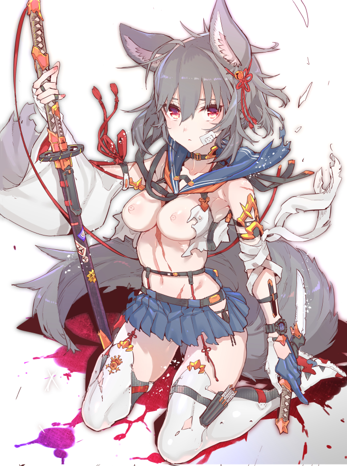 animal_ears areolae bandages bandaid bandaid_on_face blue_gloves blue_skirt breasts detached_sleeves gloves grey_hair holding holding_knife holding_sword holding_weapon katana knife large_breasts looking_at_viewer midriff miniskirt mismatched_sleeves navel nipples original partly_fingerless_gloves pleated_skirt red_eyes sailor_collar school_uniform seiza serafuku sheath sheathed short_hair sitting skirt solo sword tail tajima_ryuushi thighhighs torn_clothes torn_legwear underwear weapon white_legwear wide_sleeves wolf_ears wolf_tail