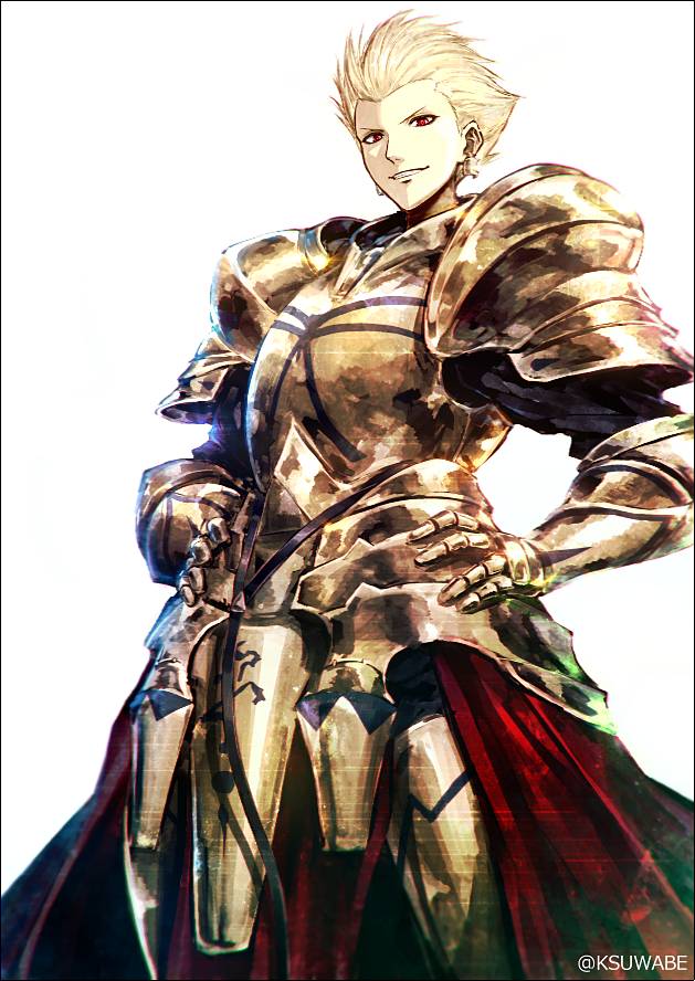 armor black_border blonde_hair border breastplate commentary_request cowboy_shot earrings fate/stay_night fate_(series) faulds gilgamesh gold_armor greaves grin hair_slicked_back hands_on_hips jewelry kei-suwabe looking_at_viewer male_focus parted_lips pauldrons red_eyes simple_background smile solo standing twitter_username waist_cape white_background