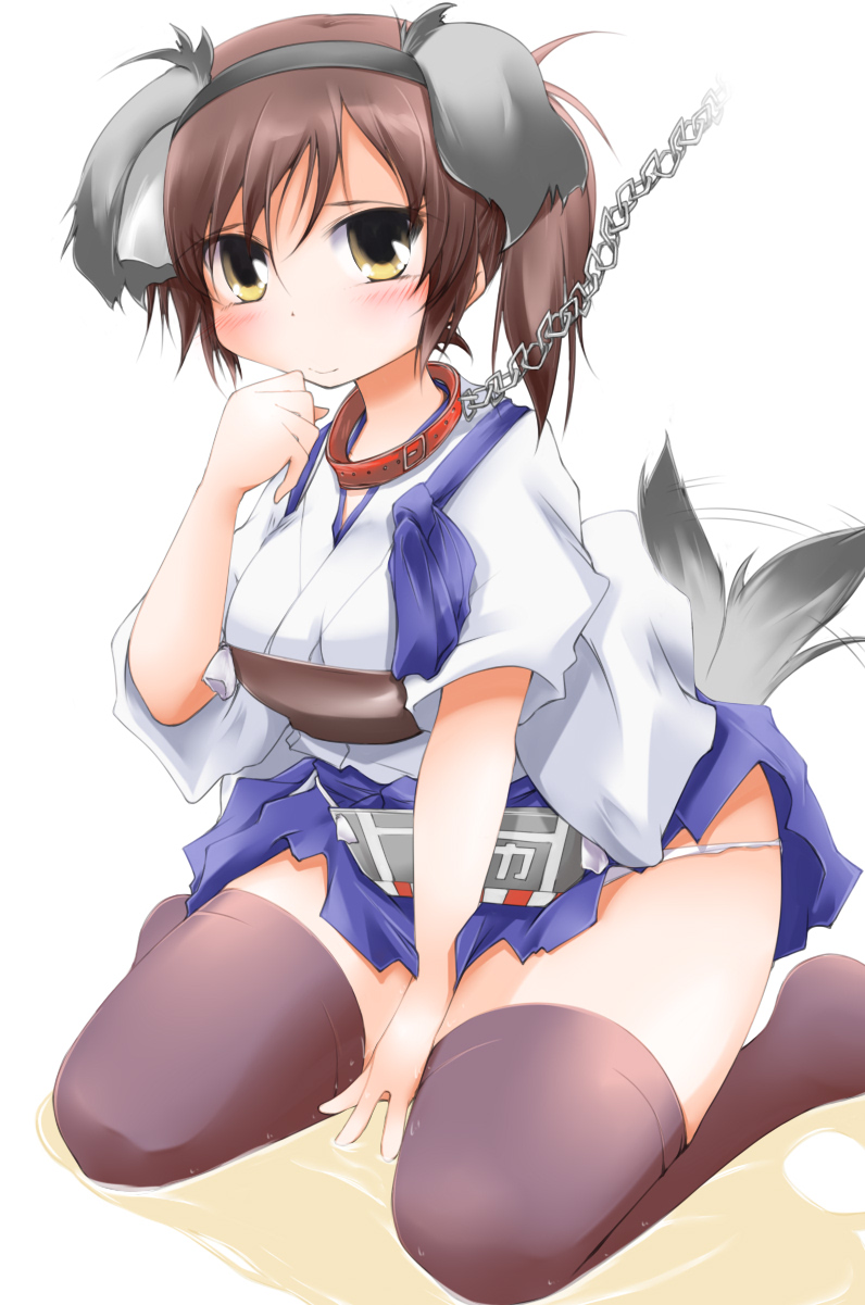 1girl anbee_(arary) animal_ears between_legs black_legwear blue_skirt blush breasts brown_hair chains collar dog_ears dog_tail eyebrows_visible_through_hair fake_animal_ears fake_tail female flight_deck full_body hakama_skirt hand_between_legs hand_up headband highres japanese_clothes kaga_(kantai_collection) kantai_collection kneeling leash looking_at_viewer medium_breasts motion_lines muneate panties peeing_self pet_play puddle red_neckwear short_sleeves side_ponytail simple_background sitting skirt smile solo tail tail_wagging tasuki textless thighhighs tied_hair underwear wet_clothes white_background white_panties yellow_eyes