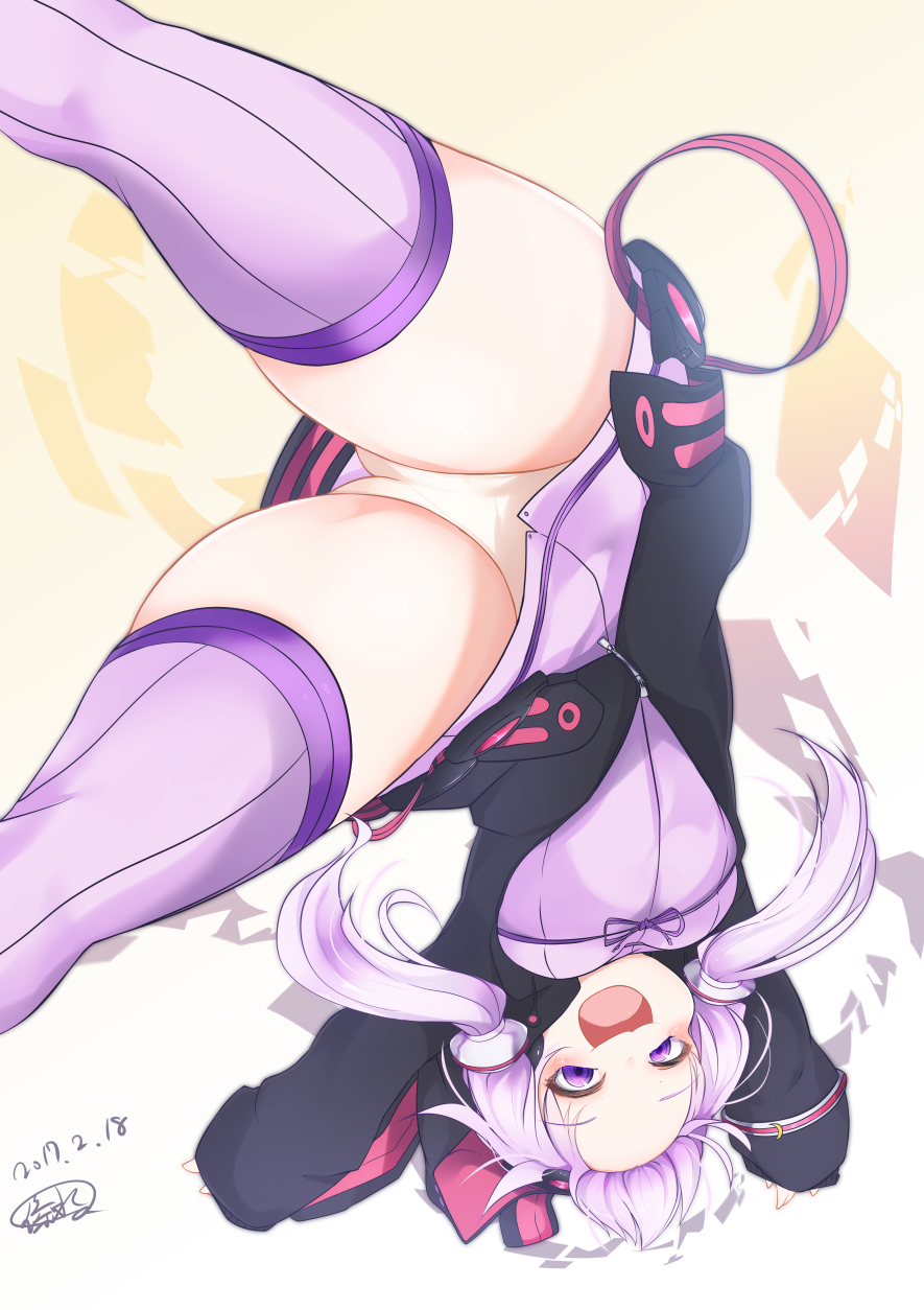 :3 :d animal_hood bangs blush bunny_hood dated dress handstand highres hood hooded_jacket hoodie jacket looking_at_viewer low_twintails open_clothes open_hoodie open_mouth panties pantyshot purple_dress purple_eyes purple_hair purple_legwear purple_ribbon rei_no_himo reku_hisui ribbed_legwear ribbon short_dress signature smile solo strapless strapless_dress thighs tube_dress twintails underwear unzipped upside-down vocaloid voiceroid white_panties yuzuki_yukari zipper