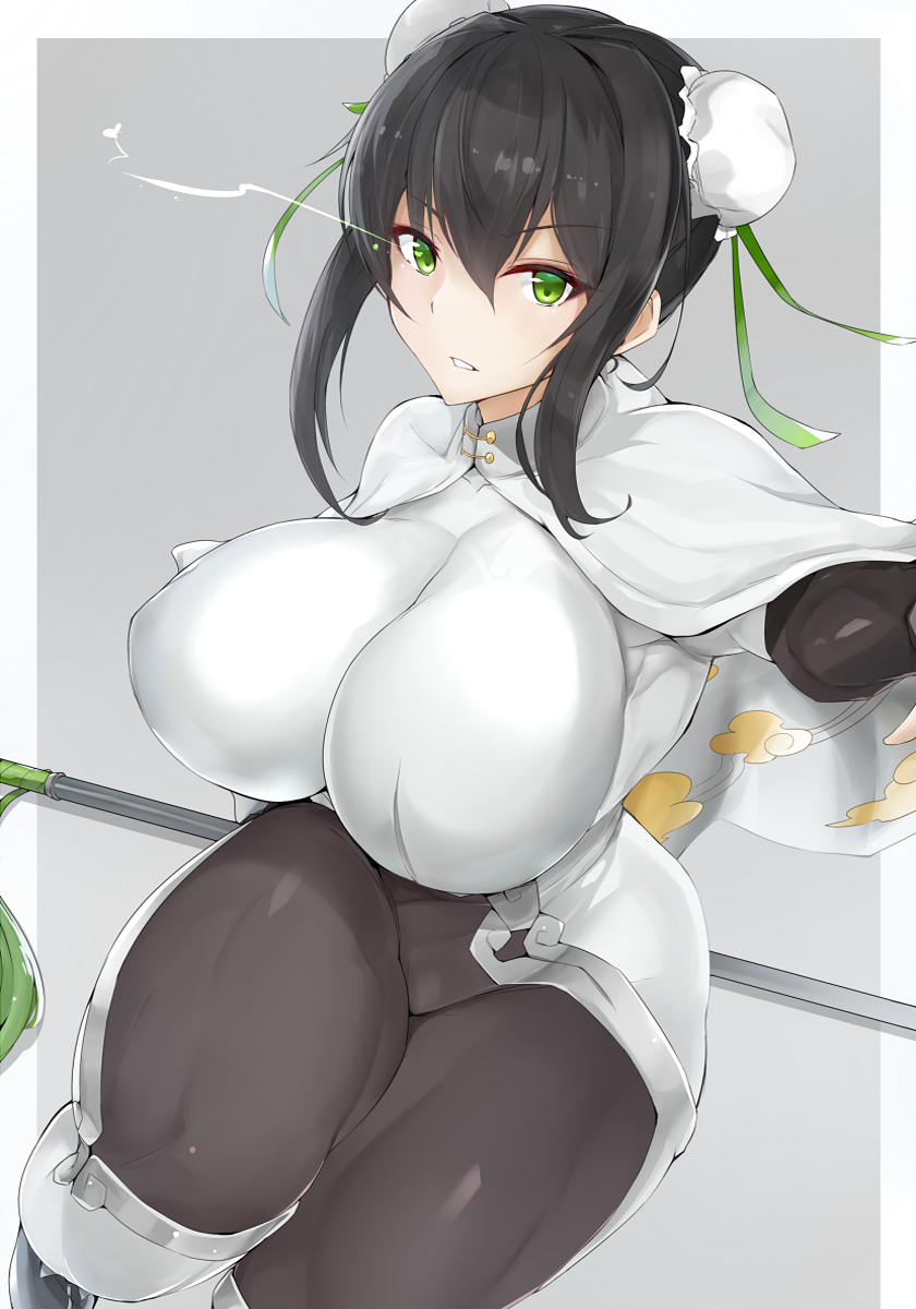 1girl arm_guards bangs black_gloves black_hair bodysuit breasts bun_cover cape chinese_clothes cloud_print double_bun eyebrows_visible_through_hair fate/grand_order fate_(series) gloves green_eyes highres holding holding_weapon large_breasts maruya1006 polearm qin_liangyu_(fate) sidelocks simple_background skin_tight solo spear weapon white_bodysuit white_cape