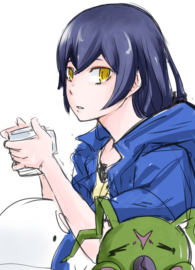1girl artist_request bandai blush breasts digimon digimon_story:_cyber_sleuth_hacker's_memory female long_hair looking_at_viewer mishima_erika pillow shiny solo wormmon yellow_eyes