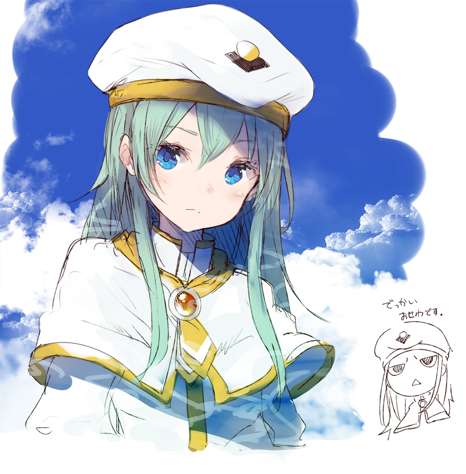 alice_carroll aria beret blue_eyes capelet chibi chibi_inset cloud commentary_request green_hair hat jitome light_blush orange_planet_uniform roll_okashi sky solo triangle_mouth uniform
