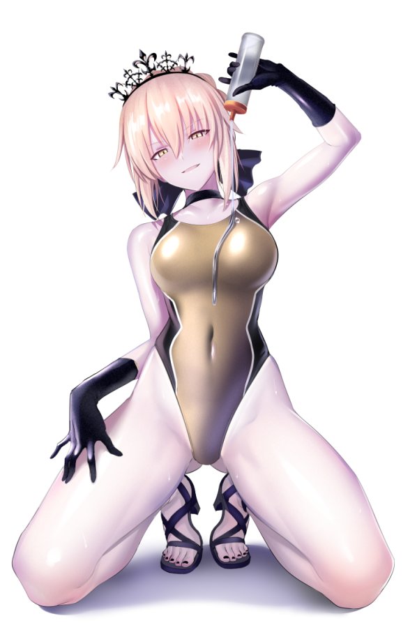 artoria_pendragon_(all) artoria_pendragon_(swimsuit_rider_alter) ass_visible_through_thighs bare_legs black_gloves black_nails blonde_hair blue_ribbon bottle breasts choker competition_swimsuit covered_navel fate/grand_order fate_(series) full_body gloves gold_swimsuit hair_between_eyes hair_ribbon hand_up head_tilt high_heels highleg highleg_swimsuit holding looking_at_viewer lotion medium_breasts nail_polish one-piece_swimsuit pale_skin ribbon sandals simple_background smile solo swimsuit tiara toenail_polish ulrich_(tagaragakuin) white_background yellow_eyes