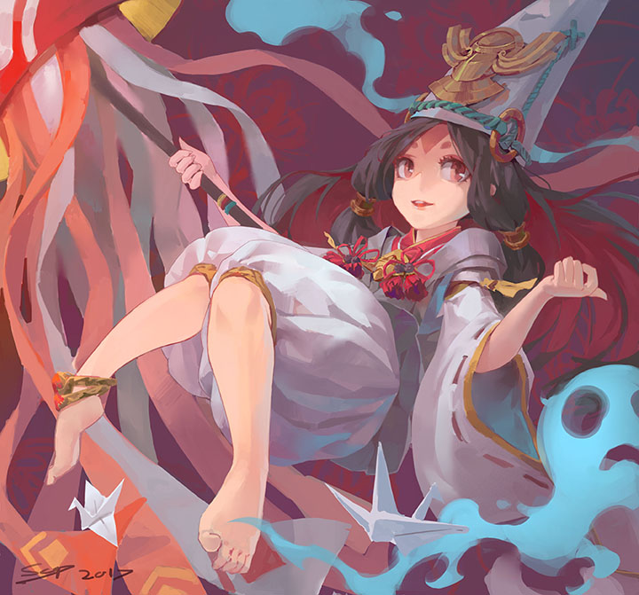androgynous anklet barefoot black_hair brown_eyes dated flag full_body ghost hat jewelry kresop long_hair looking_at_viewer male_focus o-ring onmyoji origami paper_crane parted_lips shirodouji solo tate_eboshi very_long_hair white_hat wide_sleeves