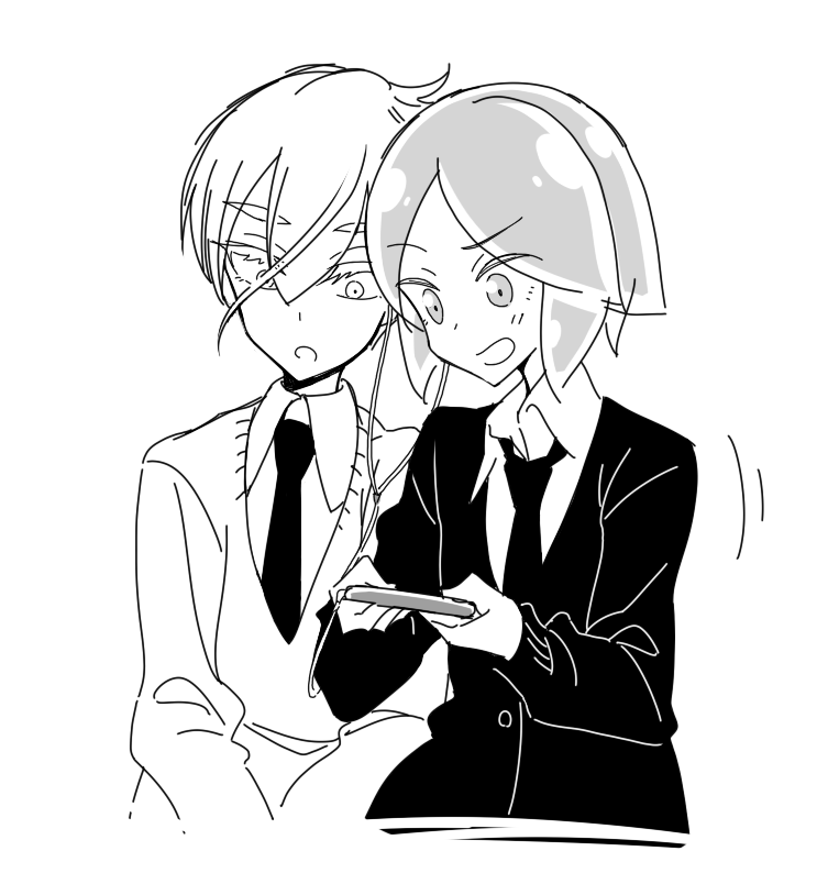 antarcticite cellphone commentary contemporary earphones greyscale holding holding_phone houseki_no_kuni monochrome multiple_others necktie phone phosphophyllite shared_earphones short_hair simple_background smartphone sou_(mgn) sweater thick_eyebrows very_short_hair white_background