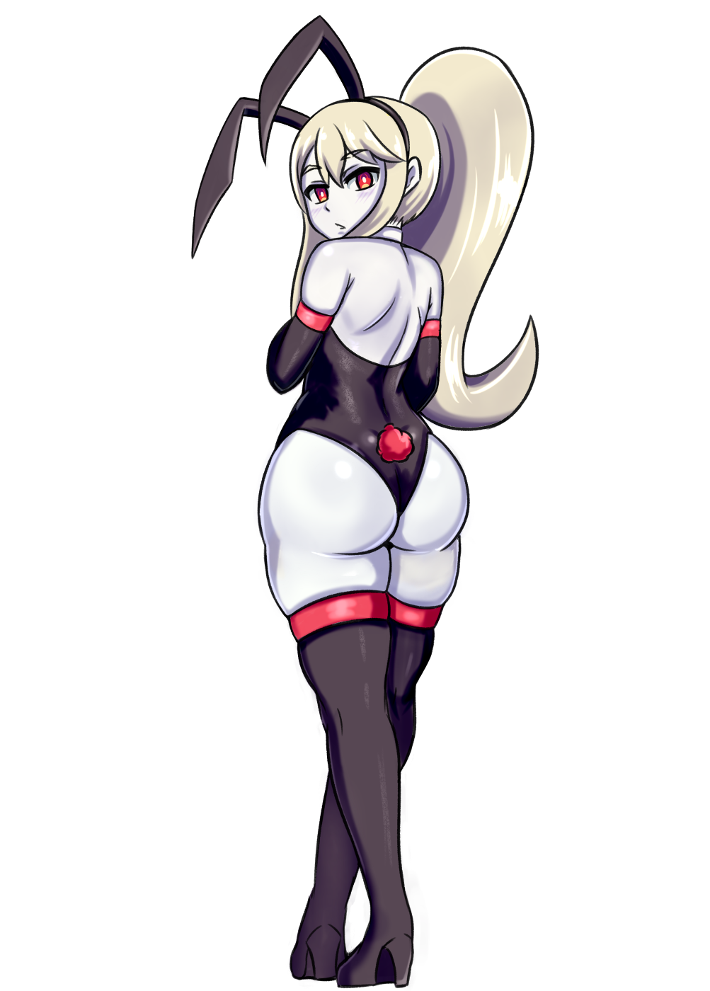 animal_ears ass bare_shoulders black_footwear blonde_hair boots bunny_ears bunny_tail choker commentary crossed_legs elbow_gloves eyebrows_visible_through_hair fake_animal_ears fake_tail from_behind gloves hairband high_heel_boots high_heels highres long_hair looking_at_viewer looking_back monster_girl_encyclopedia nav pale_skin ponytail red_eyes shoulder_blades simple_background skindentation solo tail thick_thighs thigh_boots thighhighs thighs white_background white_choker wight_(monster_girl_encyclopedia)