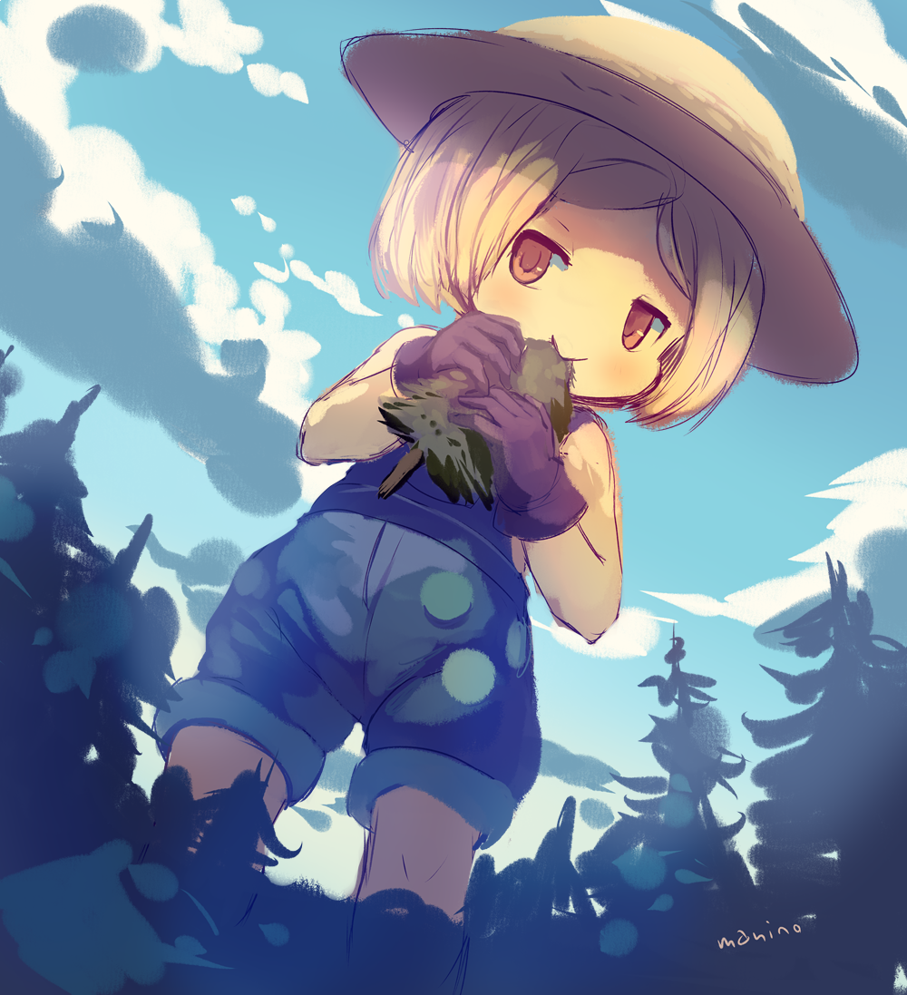 :&gt; bangs bare_arms blonde_hair blue_sky brown_gloves chibi cloud commentary_request cowboy_shot day dutch_angle eating fate/grand_order fate_(series) forest giantess gloves hat jitome looking_at_viewer manino_(mofuritaionaka) nature outdoors overalls parted_bangs paul_bunyan_(fate/grand_order) pine_tree red_eyes signature sky solo standing straw_hat tree