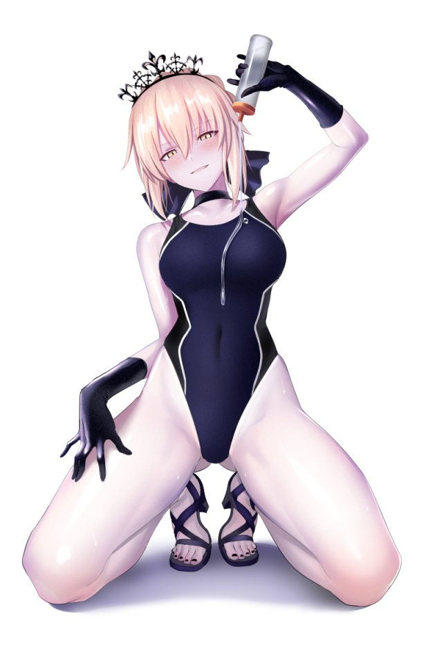 artoria_pendragon_(all) artoria_pendragon_(swimsuit_rider_alter) ass_visible_through_thighs bare_legs black_gloves black_nails black_swimsuit blonde_hair blue_ribbon bottle breasts choker competition_swimsuit covered_navel fate/grand_order fate_(series) full_body gloves hair_between_eyes hair_ribbon hand_up head_tilt high_heels highleg highleg_swimsuit holding looking_at_viewer lotion medium_breasts nail_polish one-piece_swimsuit pale_skin ribbon sandals simple_background smile solo swimsuit tiara toenail_polish ulrich_(tagaragakuin) white_background yellow_eyes