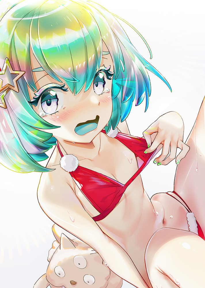 androgynous bangs bare_shoulders bikini bikini_pull blue_eyes blue_hair blush christmas commentary_request diamond_(houseki_no_kuni) el-zheng embarrassed fingernails flat_chest fur_trim green_nails grey_background hair_ornament houseki_no_kuni looking_at_viewer multicolored_hair nail_polish navel open_mouth pulled_by_self red_bikini shiro_(houseki_no_kuni) short_hair star star_hair_ornament sweat swimsuit tears