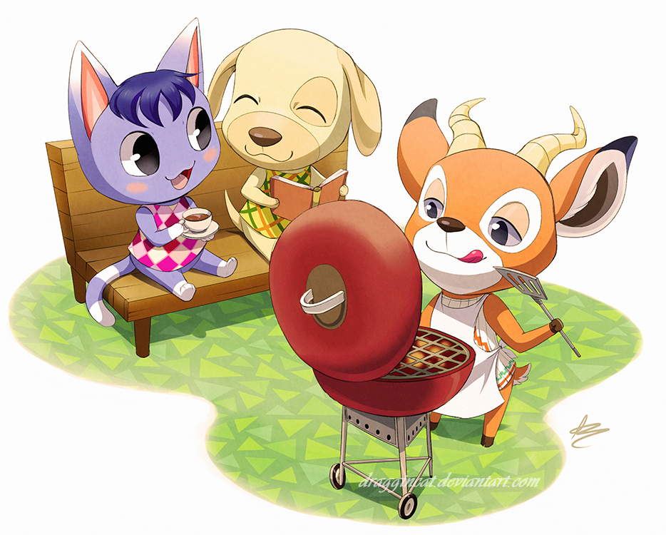 :d animal_crossing antelope anthro apron beau_(animal_crossing) bench big_ears big_eyes big_head blush book bottomless canine cat clothed clothing cute dog draggincat eyes_closed feline female floppy_ears fur goldie_(animal_crossing) grill hair half-closed_eyes horn looking_down male mammal nintendo open_mouth outside rosie_(animal_crossing) shirt sitting smile spatula standing tongue tongue_out video_games