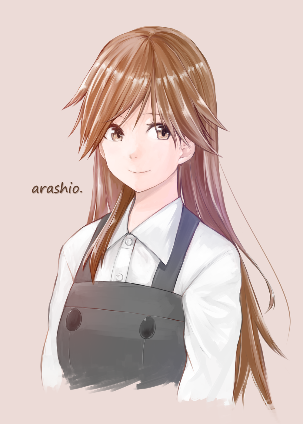 arashio_(kantai_collection) black_dress brown_eyes brown_hair buttons character_name closed_mouth collared_shirt double-breasted dress highres kantai_collection keionism long_hair pinafore_dress pink_background remodel_(kantai_collection) shiny shiny_hair shirt simple_background solo straight_hair upper_body white_shirt wing_collar