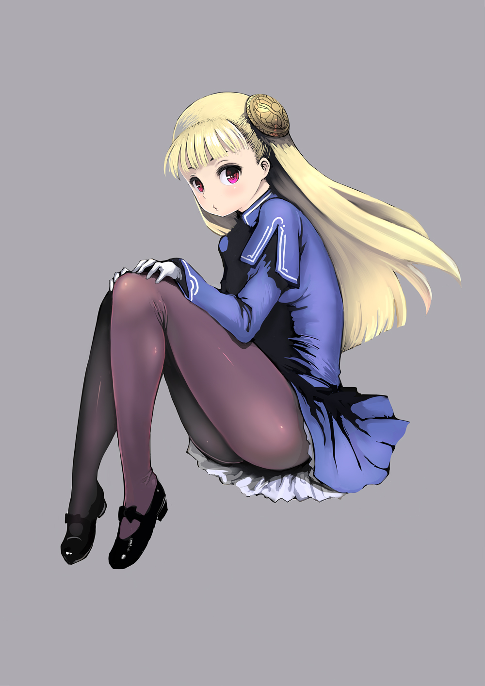 bangs black_footwear blue_shirt blue_skirt blunt_bangs blush capcom_fighting_jam full_body gloves hairpods hands_on_own_knees highres ingrid invisible_chair johan_(johan13) knees_up long_hair long_sleeves looking_at_viewer mary_janes pantyhose petticoat pink_eyes plantar_flexion pouty_lips purple_legwear shirt shoes sitting skirt solo straight_hair tareme very_long_hair white_gloves