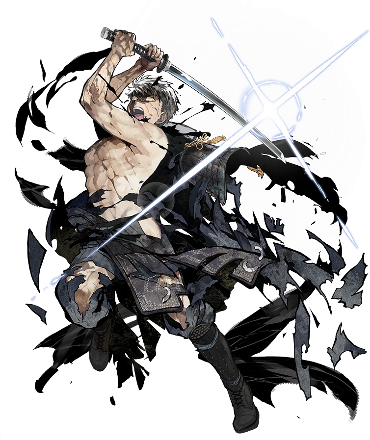 akira_(kaned_fools) armor black_hair doudanuki_masakuni full_body japanese_armor katana kiwame_(touken_ranbu) male_focus official_art open_mouth pants scarf shin_guards shirtless sword torn_clothes torn_pants touken_ranbu transparent_background weapon yellow_eyes