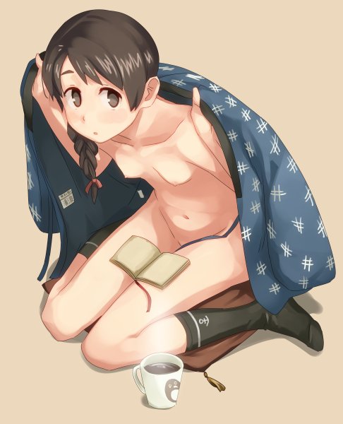 :o bangs black_legwear blush book braid breasts brown_eyes brown_hair collarbone commentary_request cup full_body hair_ribbon japanese_clothes kantai_collection looking_at_viewer makio_(makiomeigenbot) navel nipples no_shoes nude open_book parted_lips pink_background ribbon simple_background single_braid sitting small_breasts socks solo tress_ribbon uranami_(kantai_collection) wariza