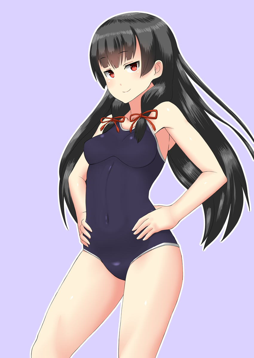 30-06 black_hair black_swimsuit breasts competition_school_swimsuit covered_navel cowboy_shot grey_background hair_ribbon hands_on_hips highres isokaze_(kantai_collection) kantai_collection long_hair looking_at_viewer medium_breasts one-piece_swimsuit red_eyes ribbon school_swimsuit simple_background smug solo swimsuit tress_ribbon
