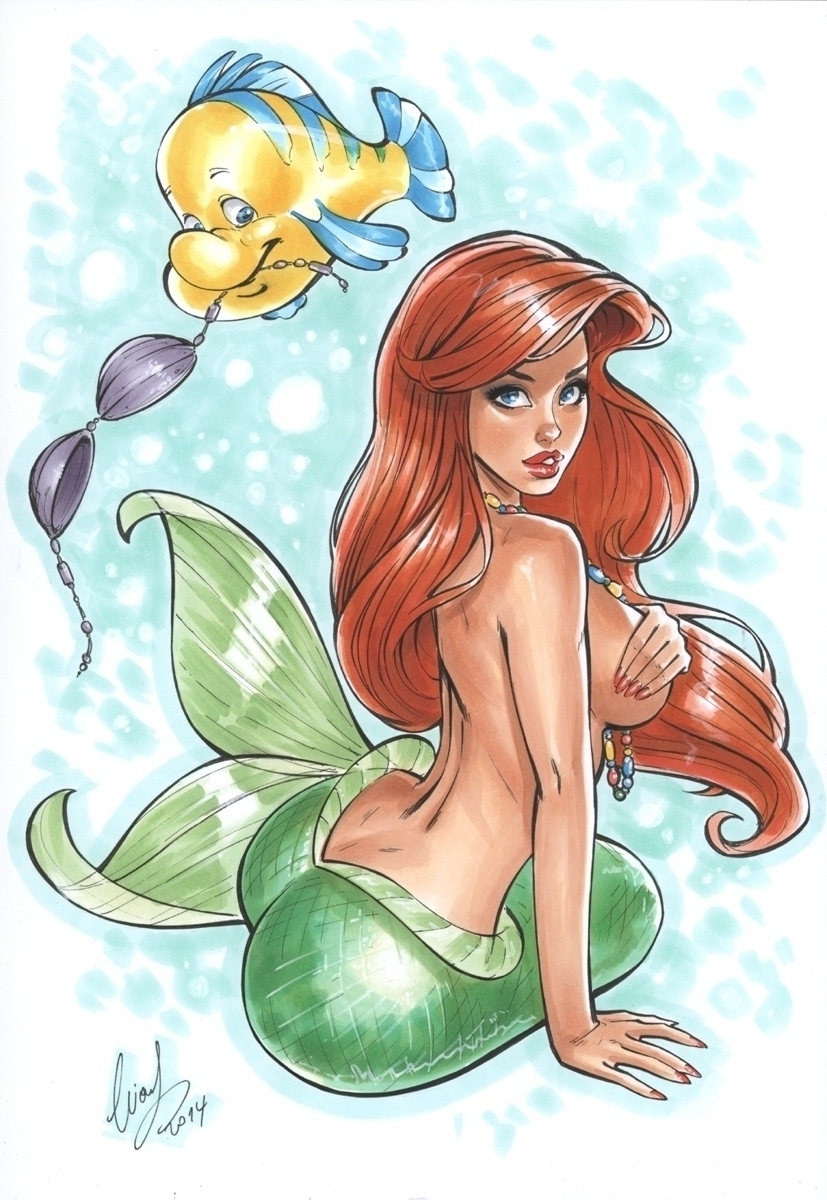 ariel_(disney) ass assisted_exposure bikini_top_removed blue_eyes breasts clothes_theft covering covering_breasts disney elias_chatzoudis fish flounder_(the_little_mermaid) highres large_breasts long_hair mermaid monster_girl nude red_hair shell shell_bikini sideboob signature solo swimsuit_theft the_little_mermaid theft
