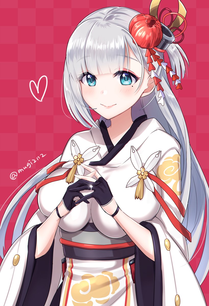 azur_lane bangs black_gloves blue_eyes blunt_bangs blush breasts checkered checkered_background closed_mouth cloud_print eyebrows eyebrows_visible_through_hair eyelashes eyes_visible_through_hair eyeshadow flower gloves hair_ornament heart highres impossible_clothes japanese_clothes jewelry large_breasts long_hair long_sleeves looking_at_viewer makeup mole mole_under_eye mugi_(iccomae) one_side_up partly_fingerless_gloves pink_background pink_lips ring shiny shiny_hair shoukaku_(azur_lane) silver_hair smile solo sparkle straight_hair tareme tassel twitter_username upper_body wedding_ring wide_sleeves wristband