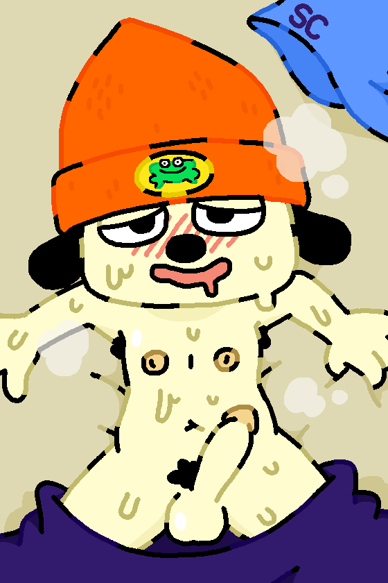 anthro balls beanie blush canine dog erection hat humanoid_penis lying male mammal mostly_nude navel nipples on_back parappa parappa_the_rapper penis pubes saliva solo stove_cave sweat video_games