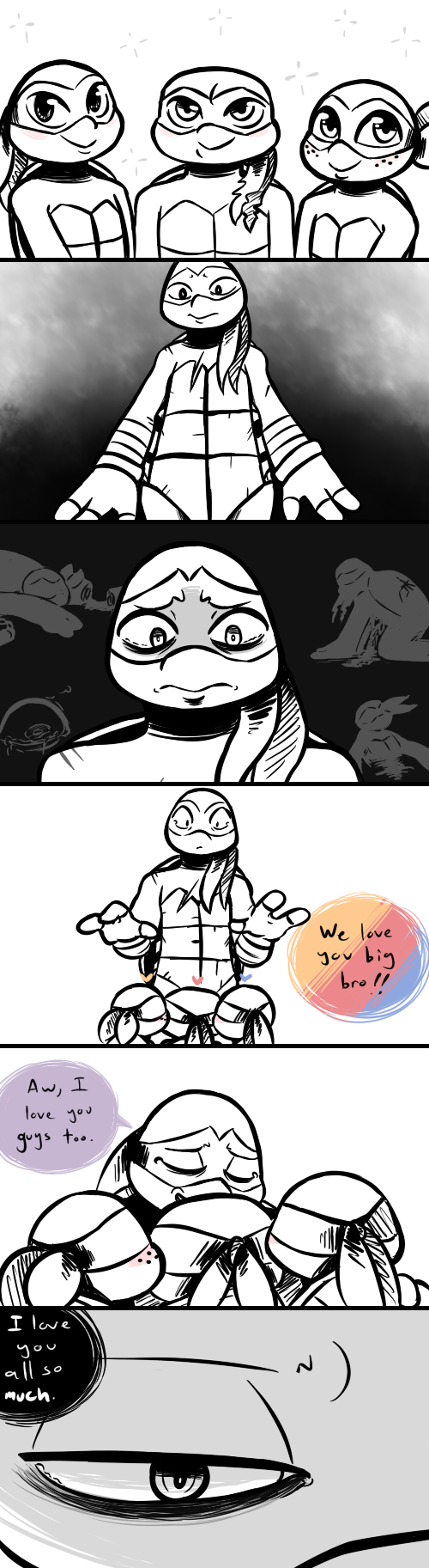 2017 anthro bandanna chipped_shell clone cub death dialogue donatello_(tmnt) english_text flashback freckles group group_hug inkyfrog leonardo_(tmnt) male mask michelangelo_(tmnt) raphael_(tmnt) reptile rosy_cheeks scalie shell smile story story_in_description tears teenage_mutant_ninja_turtles text turtle wraps wrist_wraps young