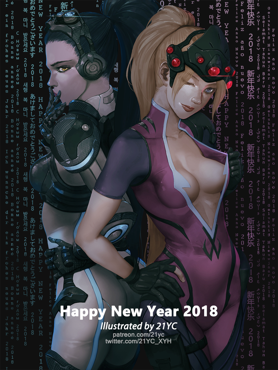 21yc_(september_breeze) 2girls back-to-back blizzard_(company) blonde_hair blue_eyes breasts cleavage company_connection cosplay costume_switch crossover happy_new_year highres looking_at_viewer medium_breasts multiple_girls new_year nova_(starcraft) nova_(starcraft)_(cosplay) one_eye_closed overwatch purple_hair purple_skin smile starcraft text_focus visor widowmaker_(overwatch) widowmaker_(overwatch)_(cosplay) yellow_eyes