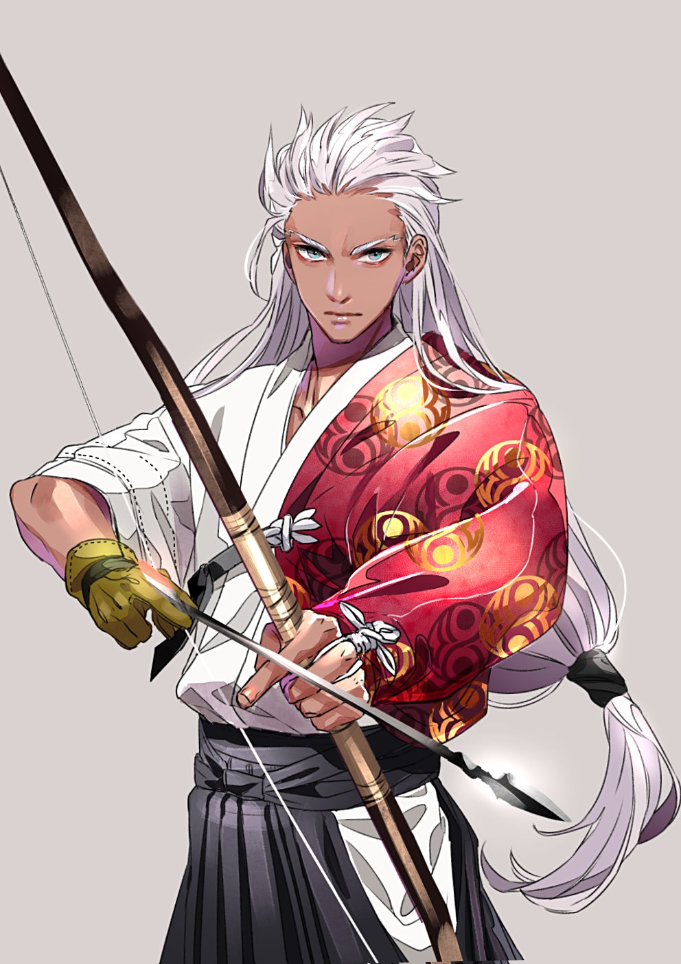 alternate_hair_length alternate_hairstyle archer archery arrow blue_eyes bow_(weapon) commentary_request fate/extella fate/extella_link fate/extra fate_(series) gloves hakama_skirt highres igote japanese_clothes kyuudou long_hair looking_at_viewer male_focus partly_fingerless_gloves quiver silver_hair single_glove solo tenobe weapon yugake