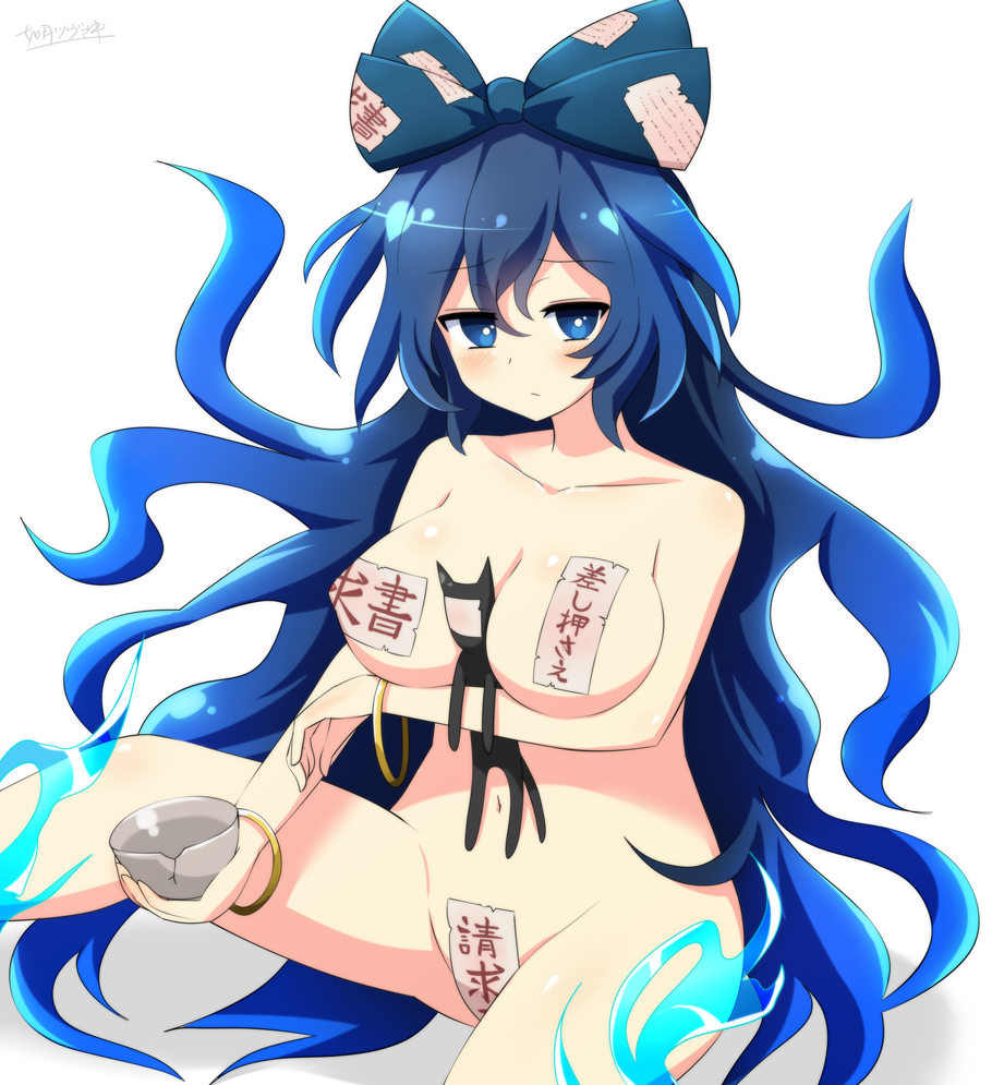 bad_id bad_pixiv_id bangle banned_artist between_breasts blue_eyes blue_hair blush bow bracelet breast_hold breasts cleavage closed_mouth collarbone covered_nipples cup debt drinking_glass expressionless hair_bow holding holding_cup jewelry kisaragi_zwei large_breasts long_hair looking_at_viewer navel nude simple_background sitting solo stuffed_animal stuffed_cat stuffed_toy touhou twitter_username very_long_hair white_background yorigami_shion