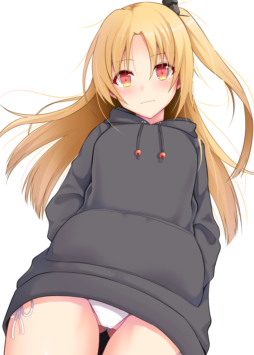 ass_visible_through_thighs azur_lane bangs black_sweater blonde_hair blush cleveland_(azur_lane) closed_mouth drawstring from_below hands_in_pocket highres long_hair long_sleeves looking_at_viewer looking_down no_pants one_side_up panties parted_bangs red_eyes side-tie_panties simple_background smile solo straight_hair sweater takeyuu tareme thigh_gap underwear white_background