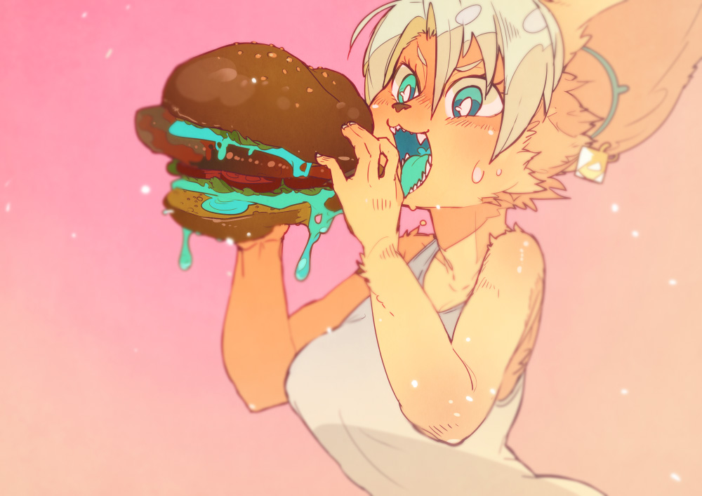 1girl artist_request dog furry green_eyes hamburger open_mouth solo white_hair