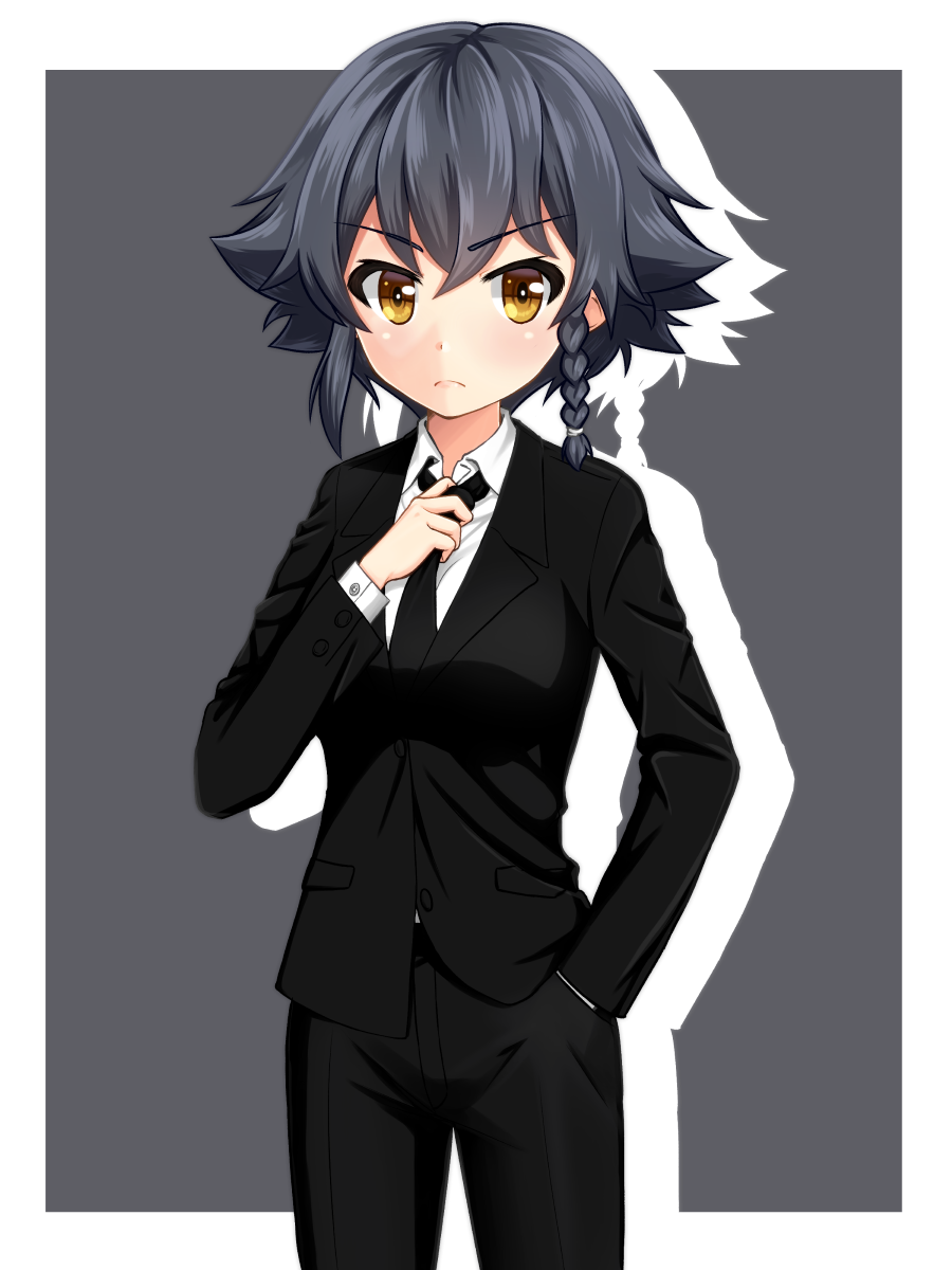 adjusting_clothes adjusting_necktie alternate_costume bangs black_hair black_jacket black_pants black_suit blazer braid brown_eyes closed_mouth collared_shirt commentary_request dress_shirt formal frown girls_und_panzer grey_background hair_tie hand_in_pocket highres jacket looking_at_viewer necktie outside_border pant_suit pants pepperoni_(girls_und_panzer) ruka_(piyopiyopu) shirt short_hair side_braid silhouette sitting solo suit v-shaped_eyebrows white_shirt wing_collar