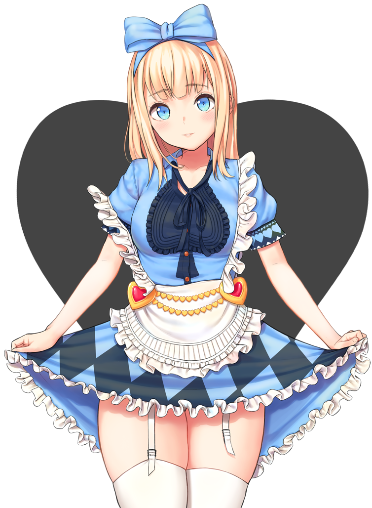 agnamore alice_(wonderland) alice_in_wonderland apron argyle_dress bangs black_ribbon blonde_hair blue_bow blue_dress blue_eyes blunt_bangs blush bow breasts cowboy_shot cyphers dress eyebrows_visible_through_hair frilled_apron frilled_dress frills garter_straps hair_bow heart heart_background long_hair looking_at_viewer medium_breasts parted_lips puffy_short_sleeves puffy_sleeves ribbon short_sleeves sidelocks skirt_hold smile solo standing straight_hair strap_slip tareme thick_thighs thighhighs thighs transparent_background very_long_hair white_apron white_legwear wide_hips