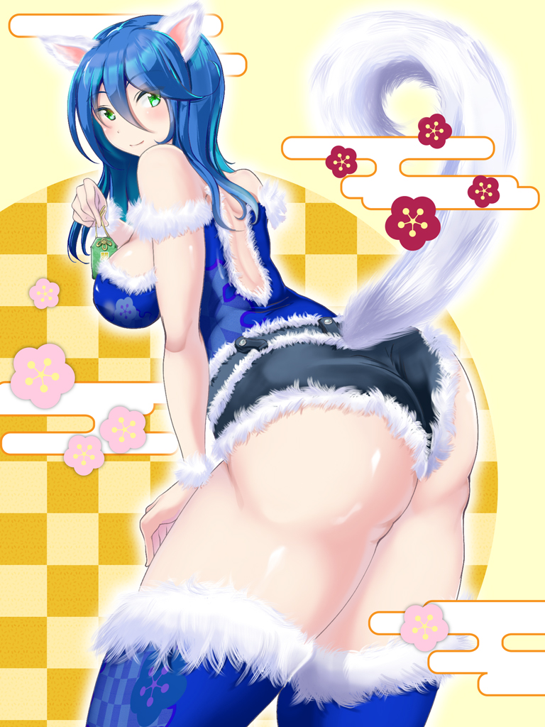 1girl 2018 animal_ears artist_request ass back back_opening bare_shoulders blue_hair blush breasts denim denim_shorts dog_ears dog_tail green_eyes huge_ass large_breasts leaning leaning_forward long_hair looking_at_viewer original shiny shiny_hair shiny_skin short_shorts shorts sideboob smile solo tail thighhighs
