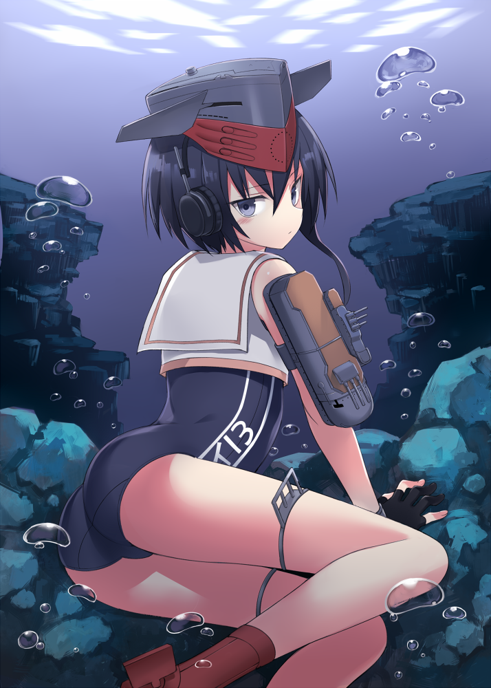aa_gun air_bubble ass asymmetrical_hair black_hair blue_swimsuit boots brown_eyes bubble commentary_request crop_top gloves hair_between_eyes hat headphones high_heel_boots high_heels i-13_(kantai_collection) kantai_collection kuhotaka looking_back ocean one-piece_swimsuit partly_fingerless_gloves rock sailor_collar school_swimsuit shirt short_hair single_glove sitting solo sunlight swimsuit swimsuit_under_clothes underwater water