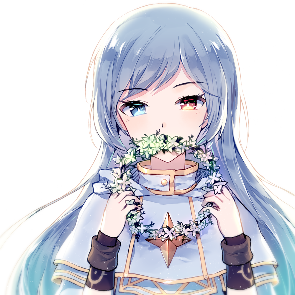 bangs blue_eyes blue_hair blush bright_pupils brown_eyes capelet covering_mouth eyebrows_visible_through_hair eyelashes flower_wreath heterochromia holding long_hair long_sleeves looking_at_viewer luminous_(maplestory) maplestory mechuragi parted_bangs shiny shiny_hair solo straight_hair tsurime upper_body wreath wristband