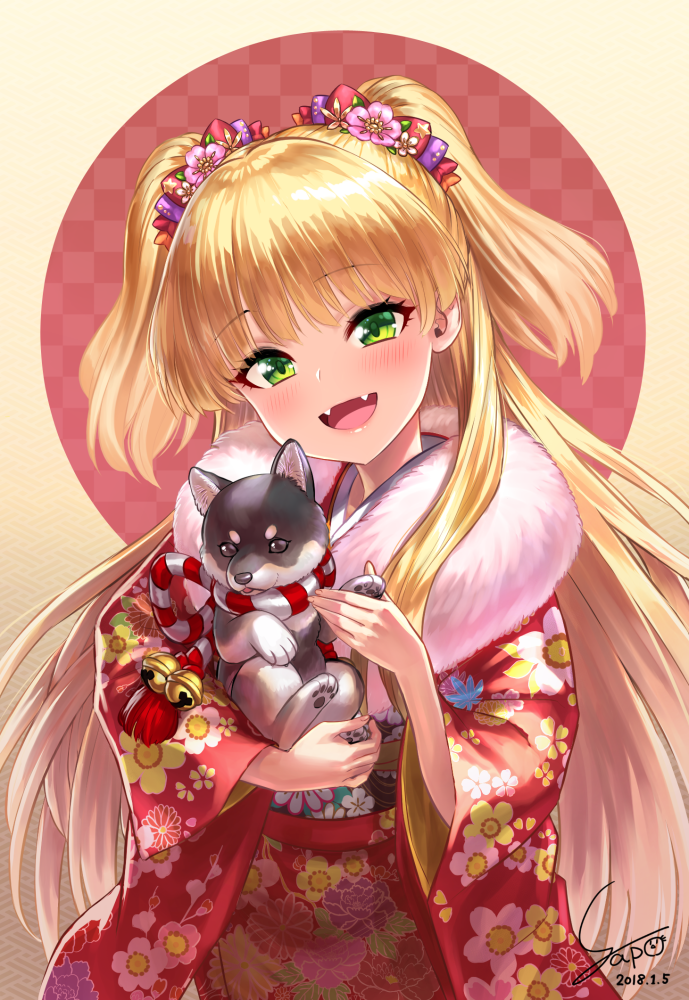 :d animal bangs bell blonde_hair blush checkered checkered_background dated dog eyebrows_visible_through_hair fangs floral_print flower fur_collar green_eyes hair_flower hair_ornament hair_ribbon head_tilt holding holding_animal idolmaster idolmaster_cinderella_girls japanese_clothes jingle_bell jougasaki_rika kimono long_hair long_sleeves open_mouth paws red_kimono red_ribbon ribbon rope shimenawa shiny shiny_hair signature smile solo straight_hair two-tone_background two_side_up upper_body very_long_hair wide_sleeves yapo_(croquis_side)