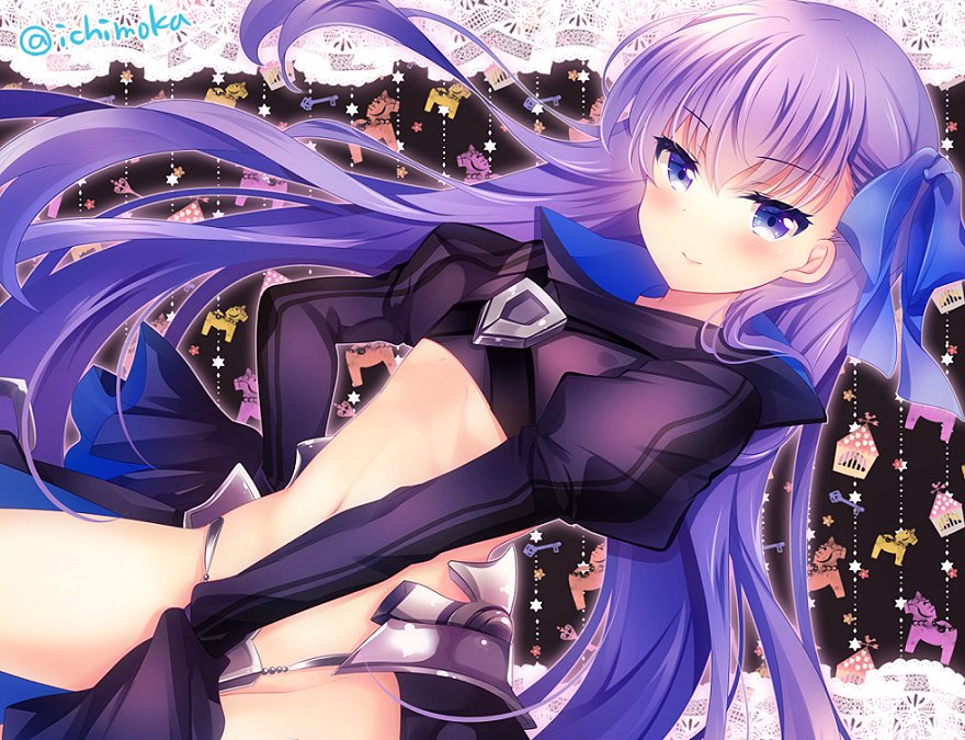 bangs blue_eyes blue_ribbon closed_mouth cowboy_shot crop_top crotch_plate dutch_angle eyebrows_visible_through_hair fate/extra fate/extra_ccc fate_(series) faulds flat_chest groin hair_ribbon hand_on_hip horse ichiyou_moka juliet_sleeves key long_hair long_sleeves looking_at_viewer meltlilith navel puffy_sleeves purple_hair revealing_clothes ribbon smile solo stomach straight_hair twitter_username very_long_hair
