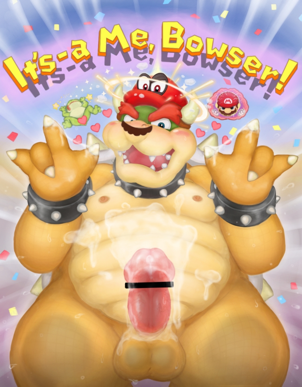 &lt;3 2017 amphibian anthro balls belly big_belly blue_eyes blush bowser cappy_(mario) censor_bar censored claws clothing collar confetti cum cum_on_hand cum_on_self cum_on_stomach erection facial_hair frog green_scales hat horn humanoid_penis koopa male mario mario_bros mostly_nude mustache nintendo nipples open_mouth penis possession presenting reptile reuben_(artist) scales scalie shirt smile solo spiked_armlet spiked_collar spikes standing video_games yellow_scales