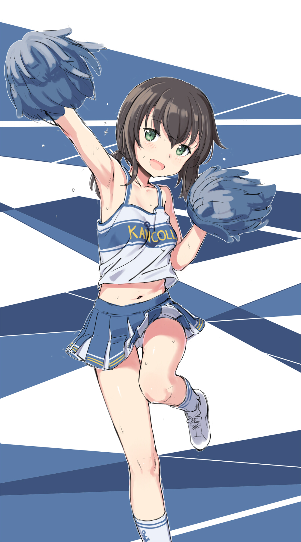 :d alternate_costume anchor_symbol armpits bad_id bad_pixiv_id blue_skirt blush breasts brown_hair cheering cheerleader clothes_writing cnm collarbone fubuki_(kantai_collection) green_eyes hair_between_eyes highres kantai_collection midriff navel open_mouth panties pleated_skirt shoes short_hair short_ponytail skirt small_breasts smile socks solo sweat underwear white_footwear white_legwear white_panties