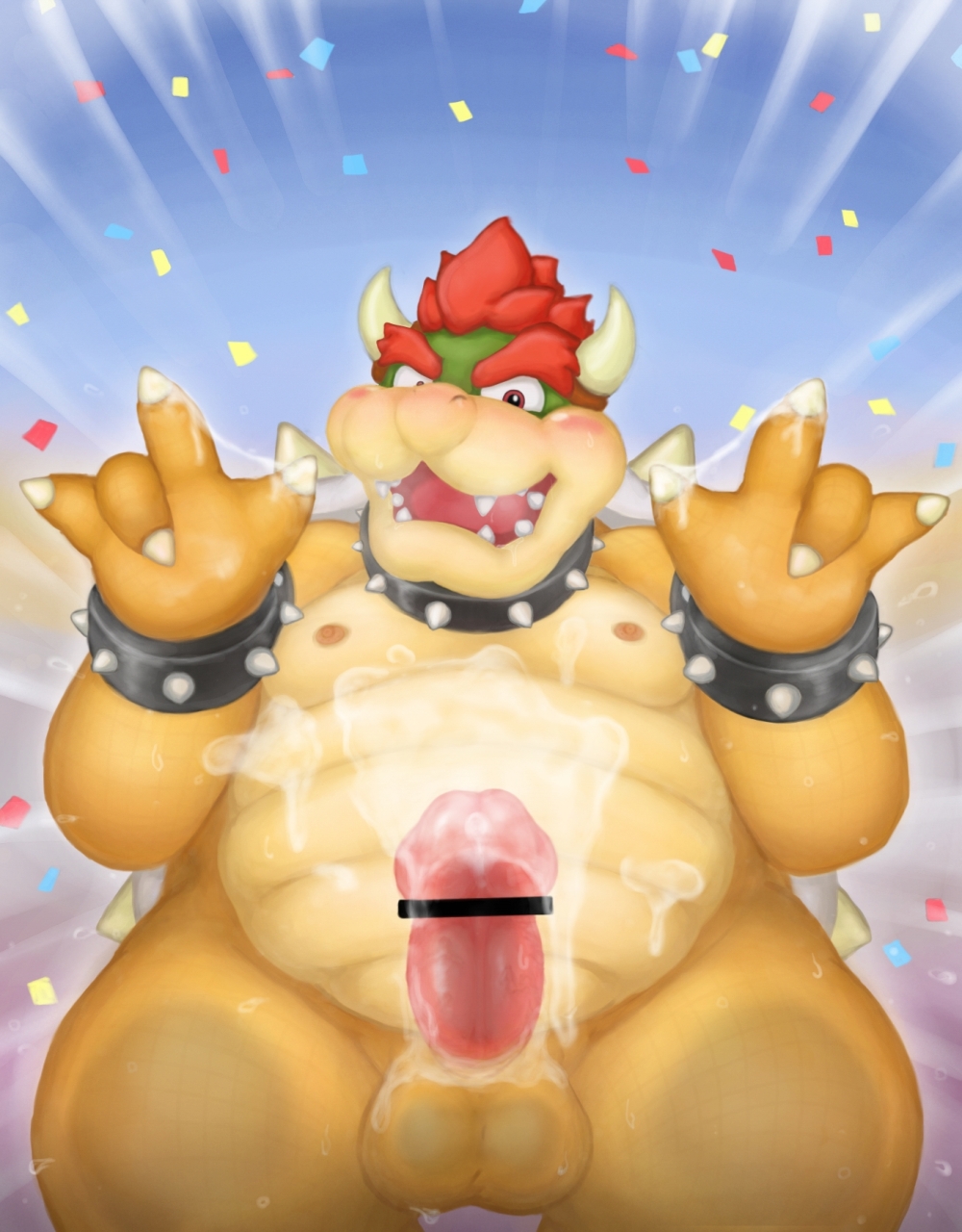 2017 anthro balls belly big_belly blue_eyes blush bowser censor_bar censored claws clothing collar confetti cum cum_on_hand cum_on_self cum_on_stomach erection facial_hair green_scales horn humanoid_penis koopa male mario_bros mustache nintendo nipples nude open_mouth penis presenting reptile reuben_(artist) scales scalie shirt smile solo spiked_armlet spiked_collar spikes standing video_games yellow_scales