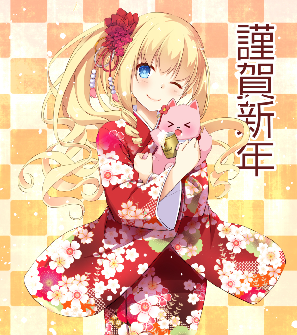 &gt;_&lt; :d ;) alcohol amagi_brilliant_park animal animal_hug bangs beer beer_can blonde_hair blush can cat checkered checkered_background closed_mouth commentary_request eyebrows_visible_through_hair floral_print flower hair_flower hair_ornament happy_new_year head_tilt japanese_clothes kimono latifa_fleuranza long_hair long_sleeves looking_at_viewer nakajima_yuka new_year one_eye_closed open_mouth print_kimono red_flower red_kimono side_ponytail sidelocks smile tiramii very_long_hair wide_sleeves xd