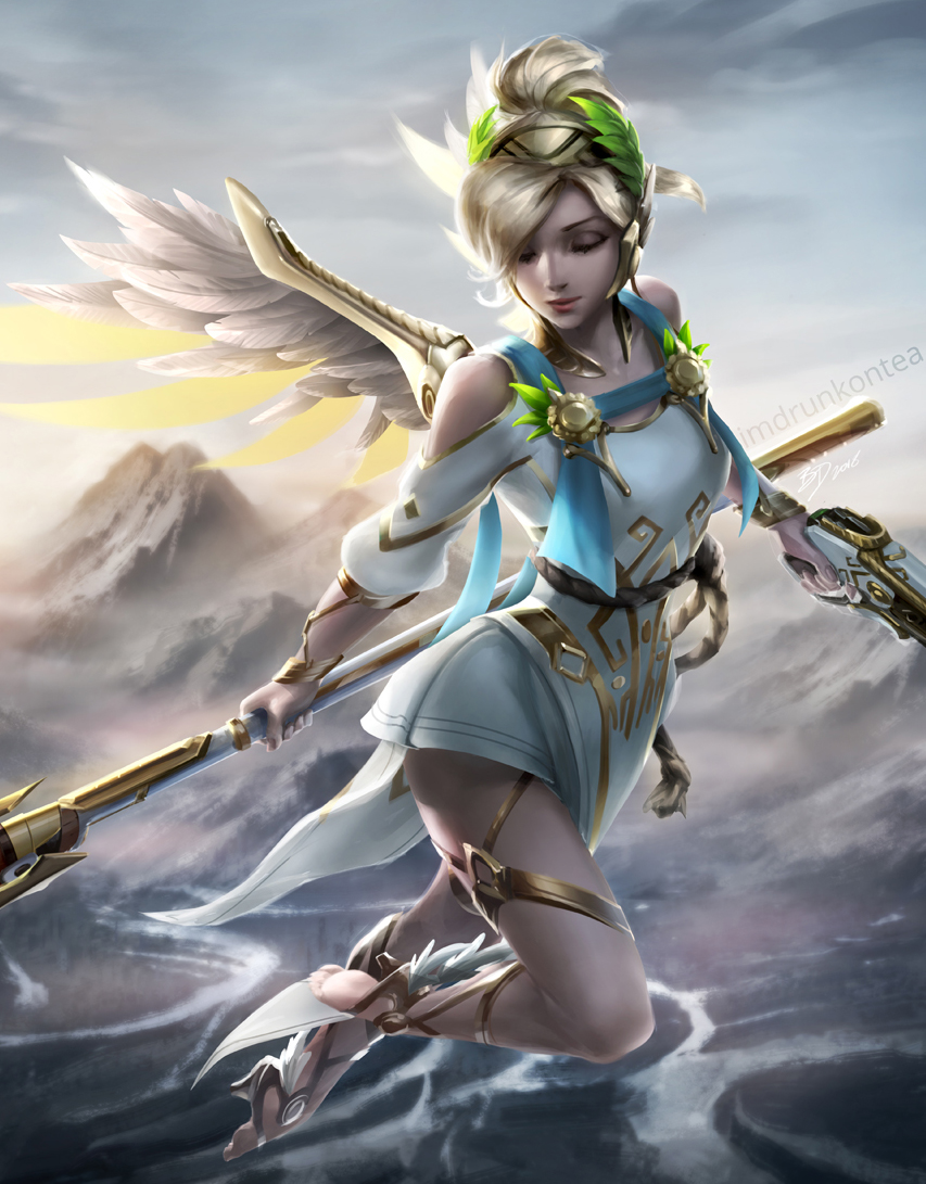 alternate_costume backlighting bad_anatomy bad_leg barefoot barefoot_sandals blonde_hair brandon_dunn breasts cleavage closed_eyes cloud cloudy_sky day dress dual_wielding feathered_wings flying full_body gun handgun head_wreath high_ponytail holding holding_gun holding_staff holding_weapon laurel_crown looking_down mechanical_wings medium_breasts mercy_(overwatch) mountain nose outdoors overwatch pelvic_curtain pink_lips pistol short_hair short_sleeves sky smile solo spread_wings staff toga weapon white_dress winged_victory_mercy wings