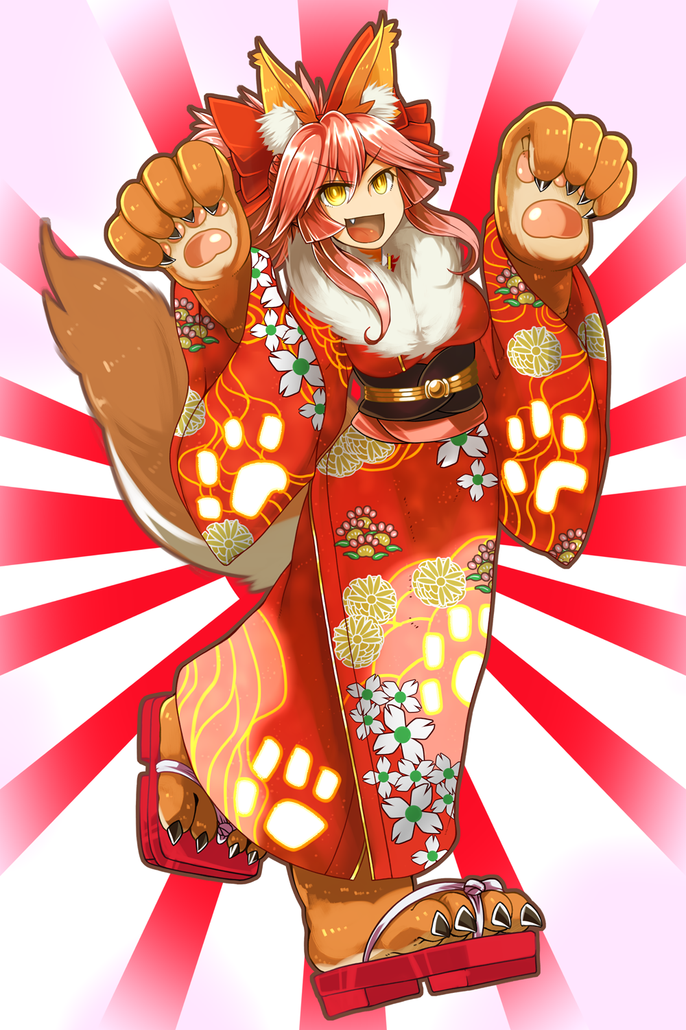 alternate_costume animal_ears breasts cat_paws commentary_request fangs fate/grand_order fate_(series) floral_print fox_ears fox_tail gloves hair_ornament hair_ribbon highres japanese_clothes kimono large_breasts long_hair looking_at_viewer open_mouth paw_gloves paw_pose paw_shoes paws pink_hair red_ribbon ribbon sandals sash shoes solo tail tamamo_(fate)_(all) tamamo_cat_(fate) wide_sleeves yellow_eyes yoroi_kabuto yukata