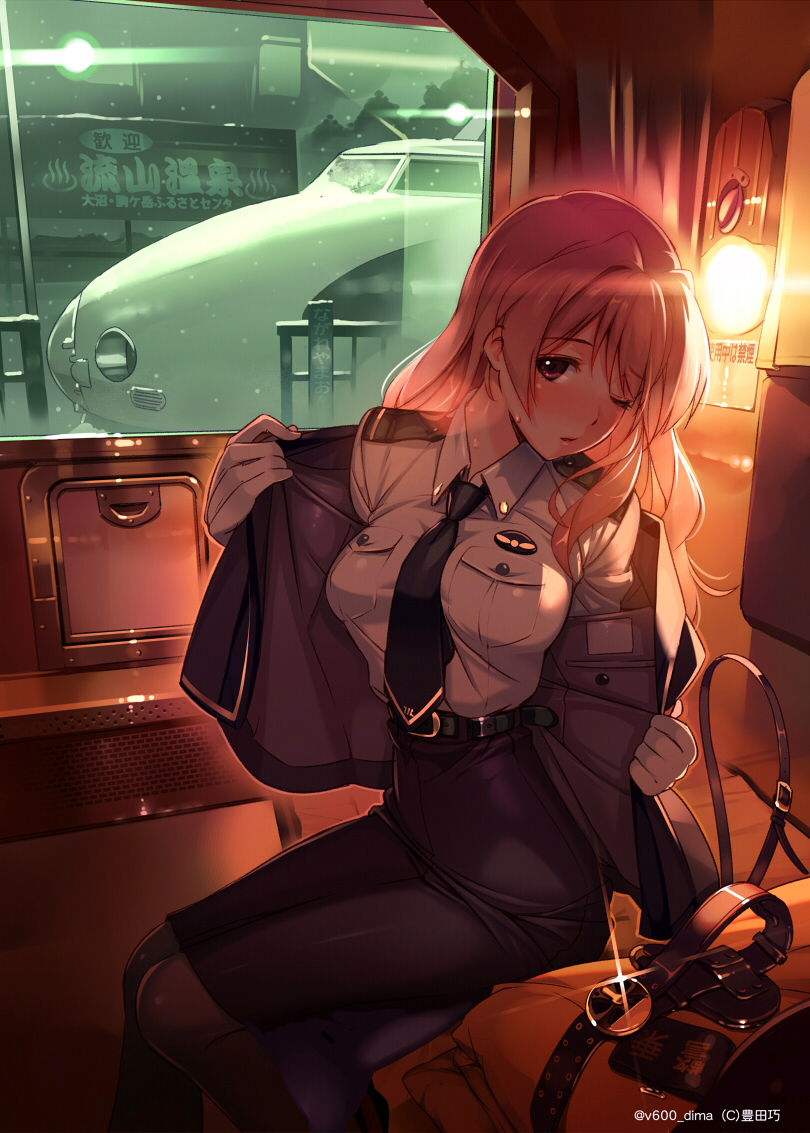 bangs belt belt_buckle between_breasts black_belt black_legwear blush breasts brown_eyes brown_hair buckle commentary_request eyebrows_visible_through_hair gloves ground_vehicle indoors jacket koumi_haruka large_breasts locomotive long_hair looking_at_viewer necktie necktie_between_breasts off_shoulder one_eye_closed open_clothes open_jacket pantyhose parted_lips pencil_skirt rail_wars! revision shinkansen shirt_tucked_in sitting skirt solo sweat train train_interior undressing uniform vania600 white_gloves