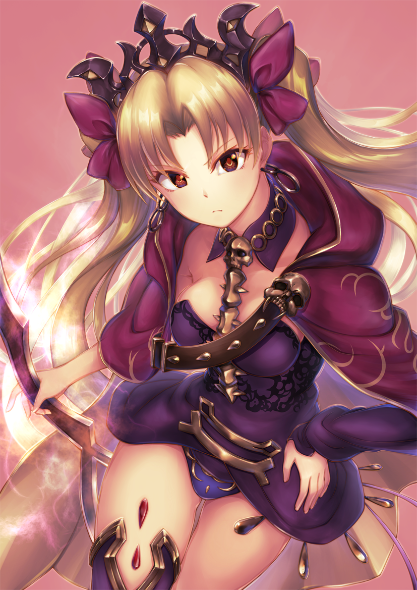 blonde_hair blush cape dress fate/grand_order lancer_(ereshkigal) long_hair red_eyes tohsaka_rin warrior