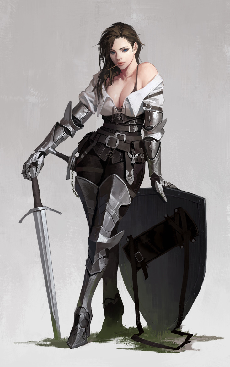 armor bad_artstation_id bad_id bare_shoulders belt belt_buckle blue_eyes bra breasts brown_hair buckle chain chewing cleavage closed_mouth cross-laced_clothes dongho_kang gauntlets grass holding holding_sword holding_weapon large_breasts long_hair long_sword metal_boots original planted_weapon scabbard sheath shield shirt solo sword underwear weapon white_shirt