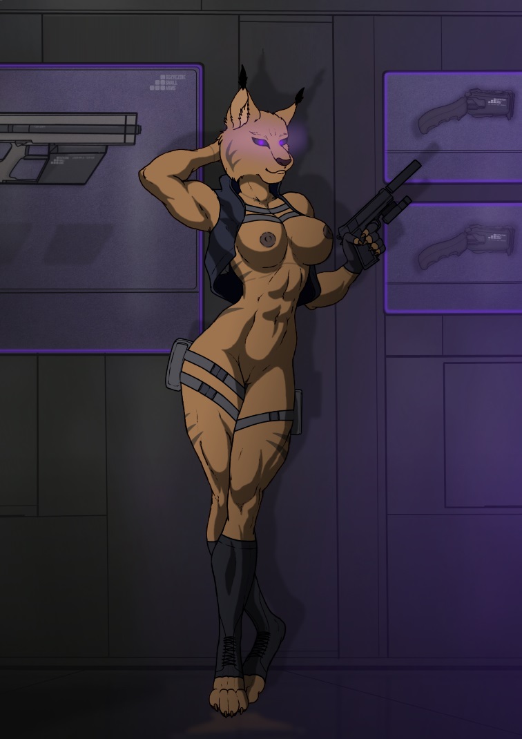 aleone athletic barefoot breasts clothed clothing comission cybernetics cyborg feline female future glowing glowing_eyes gun handgun jacket lynx machine mammal muscular nipples nude pistol pussy ranged_weapon science_fiction shorts silencer solo topless weapon