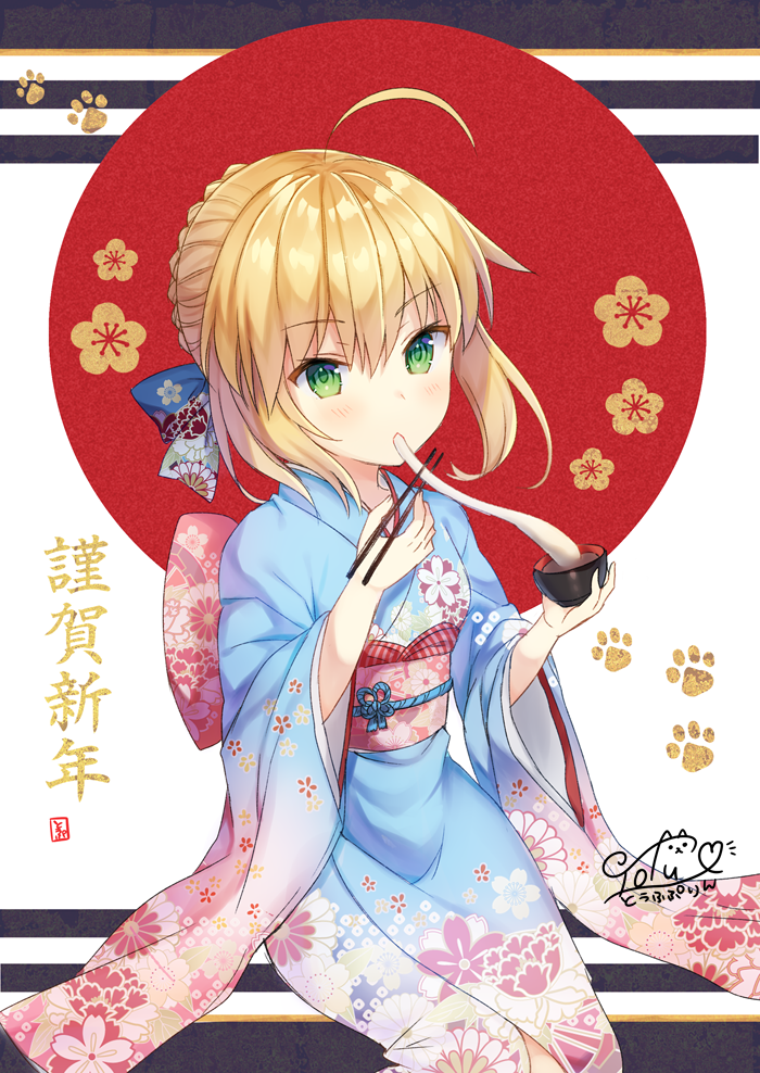 ahoge alternate_costume artoria_pendragon_(all) bad_id bad_pixiv_id blonde_hair blue_kimono blush bowl chopsticks eating eyebrows_visible_through_hair fate/stay_night fate_(series) floral_background floral_print food furisode green_eyes happy_new_year holding japanese_clothes kimono long_sleeves looking_at_viewer mochi mochi_trail narusegawa_riko new_year obi paw_background saber sash shiny shiny_hair short_hair sidelocks signature sitting solo translated wagashi wide_sleeves