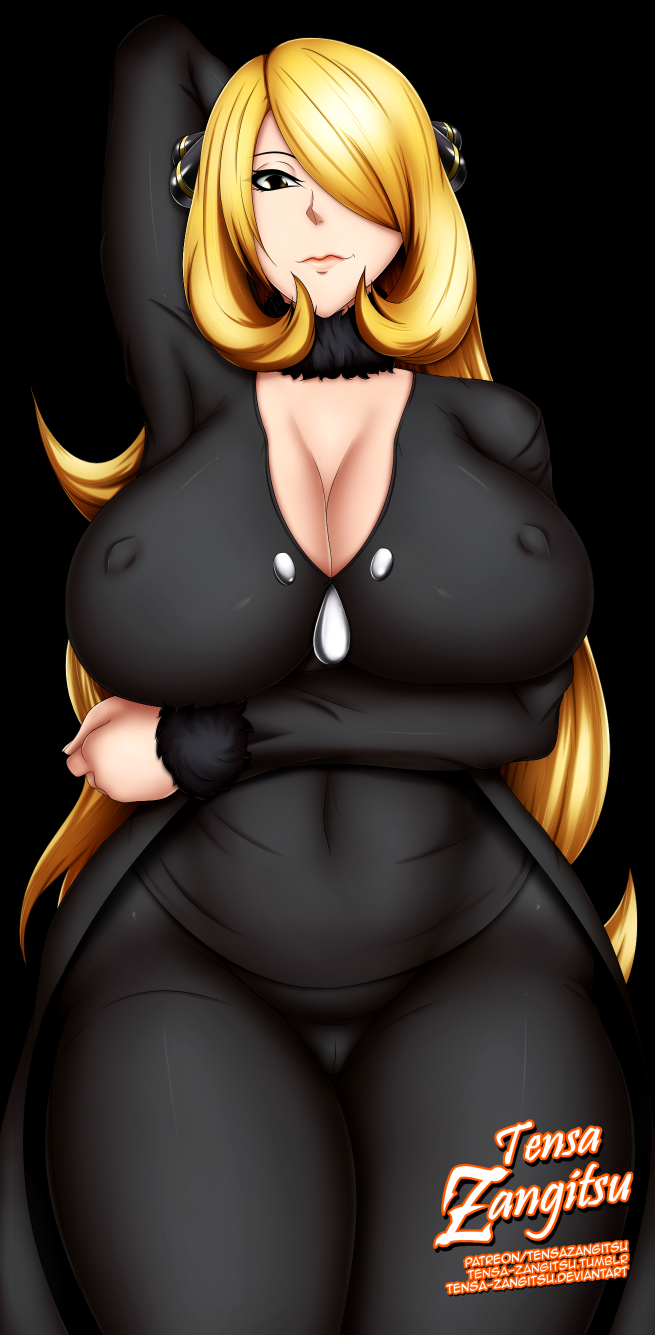 1girl arm_up blonde_hair blush breast_hold breasts covered_navel erect_nipples hair_over_one_eye hips huge_breasts long_hair looking_at_viewer pokemon pokemon_(game) pokemon_dppt shirona_(pokemon) solo tensa-zangitsu thick_thighs thighs very_long_hair wide_hips