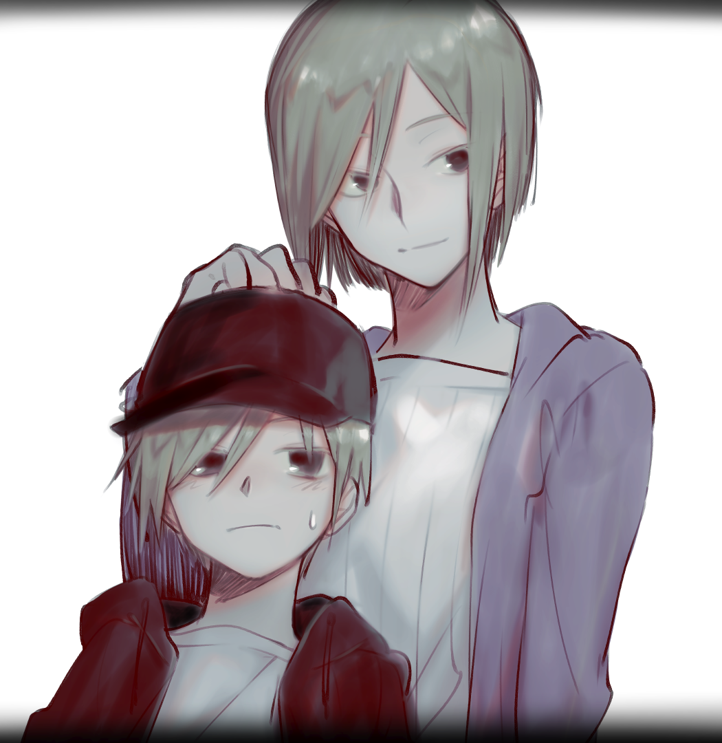 age_comparison black_eyes black_hat child dual_persona green_hair hand_on_another's_head hat hood hood_down kagerou_project kido_tsubomi multiple_girls older shissou_word_(vocaloid) shizu_(9394marimo) short_hair simple_background sweatdrop time_paradox